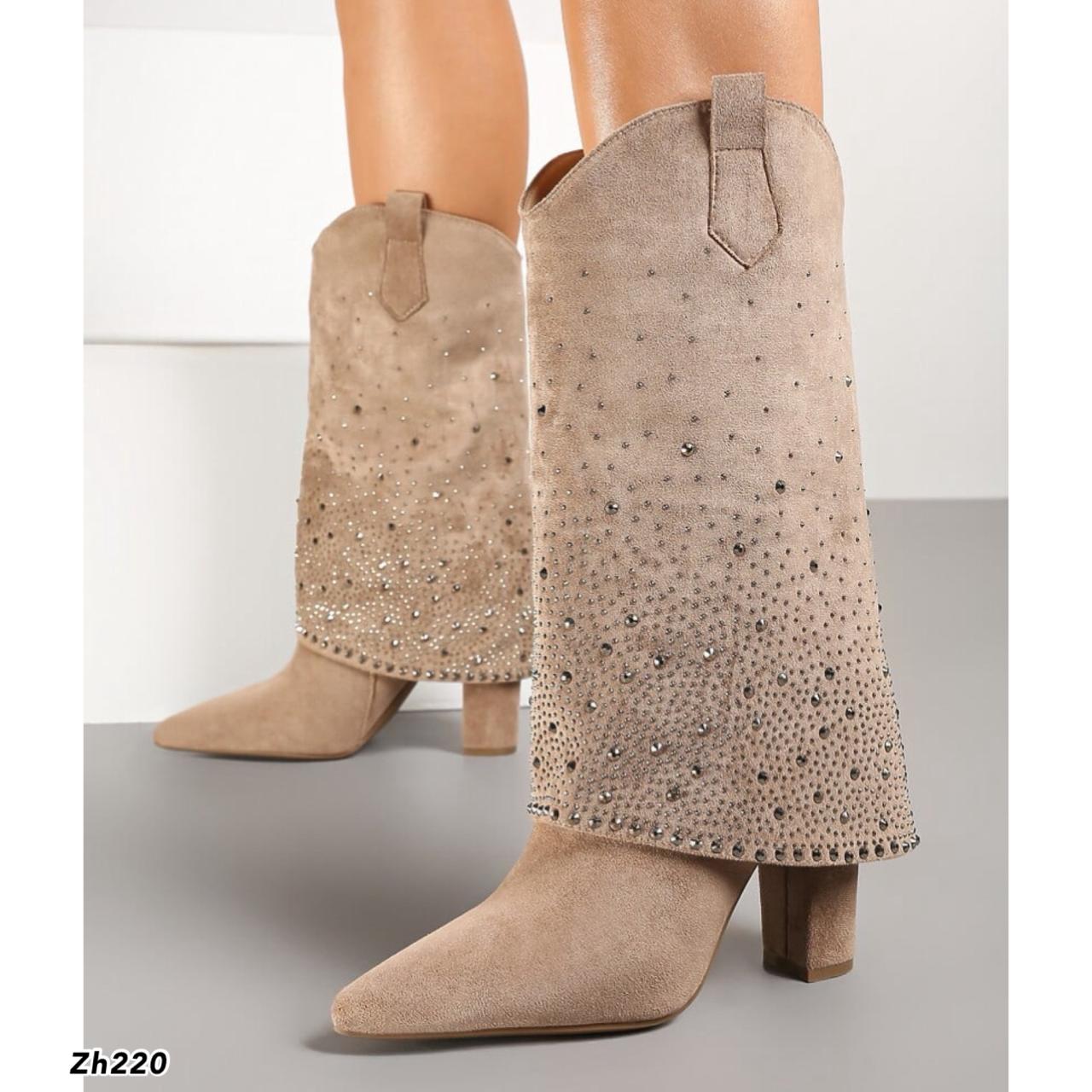 Bota beige doblez apliques brillantes tacon 10cm MS1569 C-92